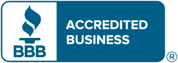 Blue and white logo of the Better Business Bureau with "BBB Accredited Business" text and a torch icon.